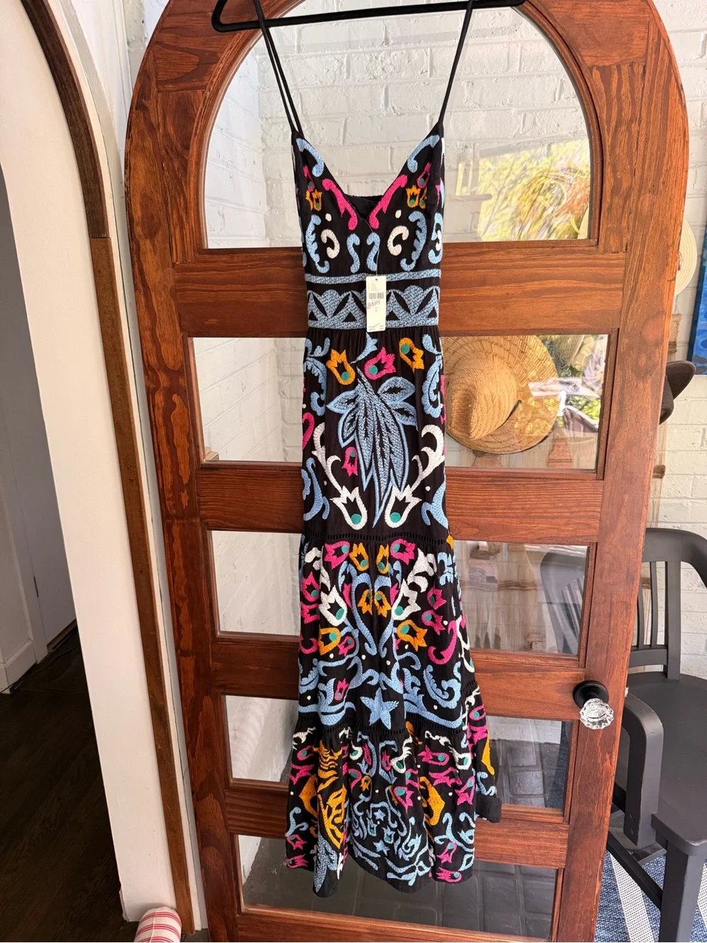 Anthropologie Black Multicolor Embroidered Spaghetti-Strap Maxi Dress w/ pockets - Picture 2 of 8
